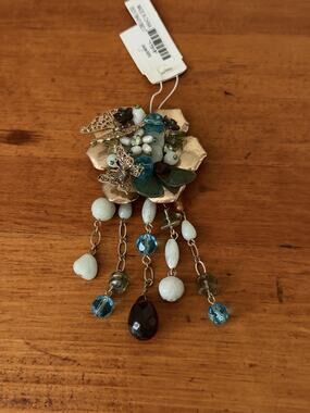 Laila Rowe Hammered Gold Tone Floral Brooch Blue Orange Bead Dangle Artisan